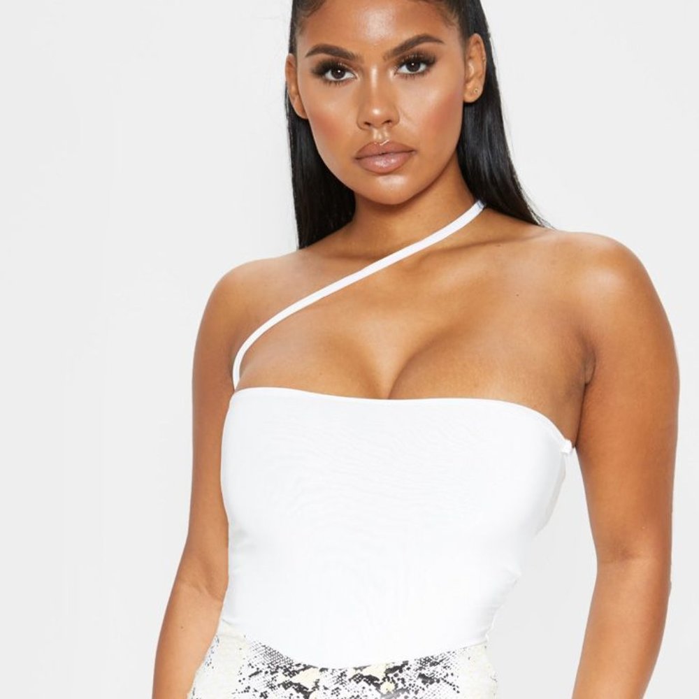 White Asymmetric Strap Bandeau Slinky Bodysuit